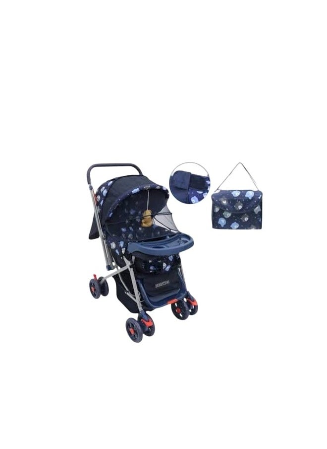 A stroller with a mother's bag, a basket to store the child's essentials, and an anti-learning wheel