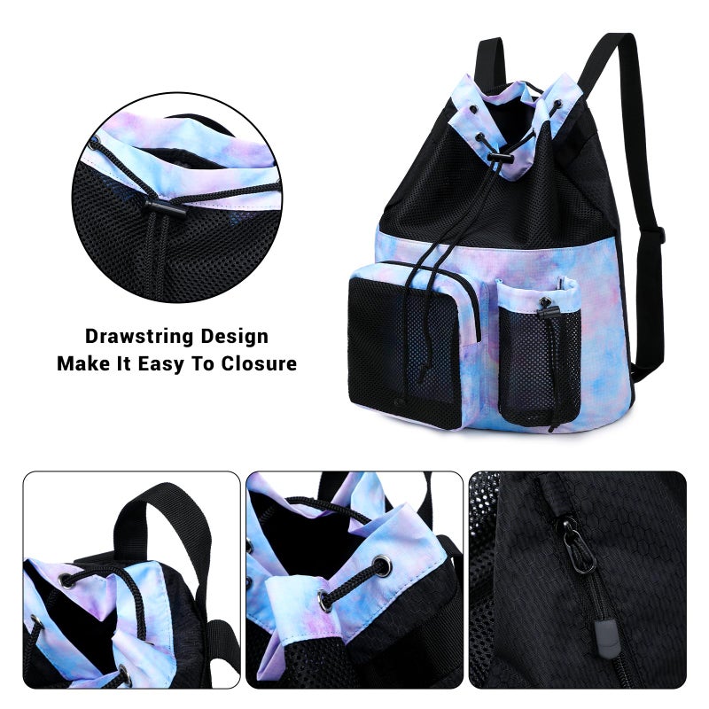 Lohol Mesh Drawstring Backpack with Seperate Shoes Bag, Swimming String Sack for Sports Gym Yoga Beach Travel (Galalxy Purple Blue) - Image 5