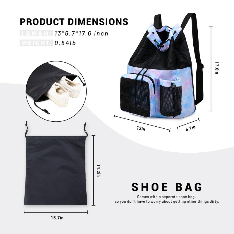 Lohol Mesh Drawstring Backpack with Seperate Shoes Bag, Swimming String Sack for Sports Gym Yoga Beach Travel (Galalxy Purple Blue) - Image 3