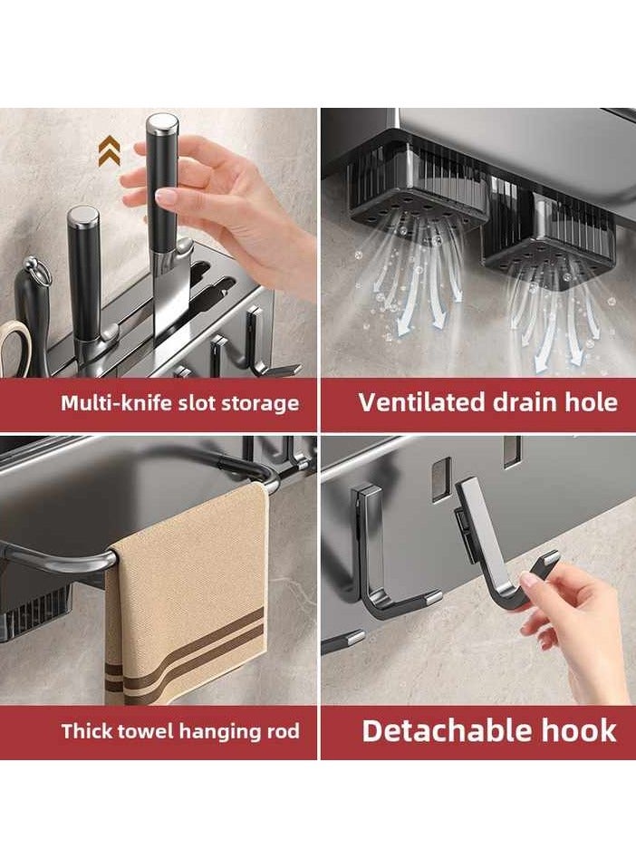 إيونتو رف منظم للمطبخ شديد التحمل يُثبت على الحائط - رف تخزين بثلاث حجرات مع 10 خطافات، وحامل مناشف وأواني موفر للمساحة، سهل التركيب بدون حفر (60 سم) - Image 4