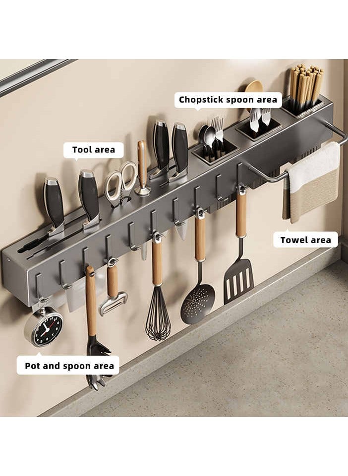 إيونتو رف منظم للمطبخ شديد التحمل يُثبت على الحائط - رف تخزين بثلاث حجرات مع 10 خطافات، وحامل مناشف وأواني موفر للمساحة، سهل التركيب بدون حفر (60 سم) - Image 2