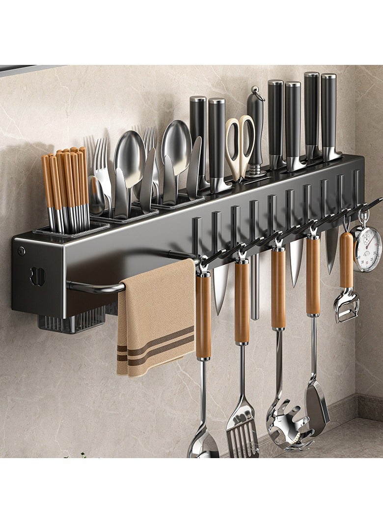 إيونتو رف منظم للمطبخ شديد التحمل يُثبت على الحائط - رف تخزين بثلاث حجرات مع 10 خطافات، وحامل مناشف وأواني موفر للمساحة، سهل التركيب بدون حفر (60 سم) - Image 1