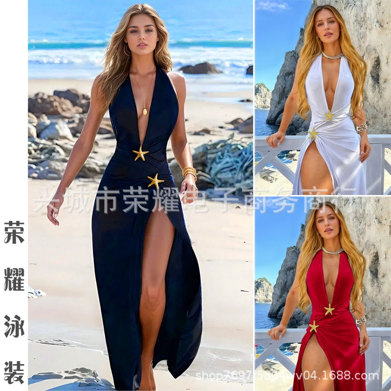Beach Long Dress Deep V One-Piece Women'S Black And White Swimsuit Two-Piece Set 2025 Style Starfish - Image 2