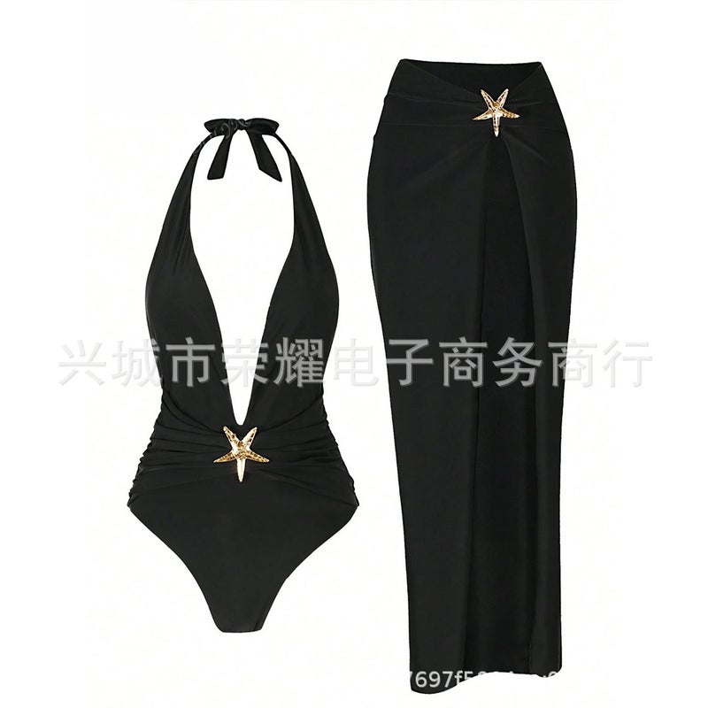 Beach Long Dress Deep V One-Piece Women'S Black And White Swimsuit Two-Piece Set 2025 Style Starfish - Image 5