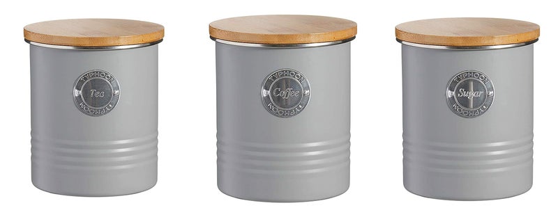 Typhoon Living Airtight Tea Coffee and Sugar Storage Canister with Bamboo Lid Set of 3 1 Litre Grey