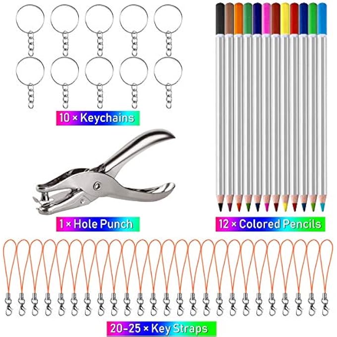 DELFINO 60 PCS HEAT SHRINK PLASTIC SHEET KIT, SHRINK SHEETS CREATIVE PACK,INCLUDING 10PCS BLANK SHRINK FILM PAPER AND 5 PCS SHRINK ART PAPER WITH PATTERN, HOLE PUNCH, KEYCHAINS, PENCILS FOR KIDS - Image 3