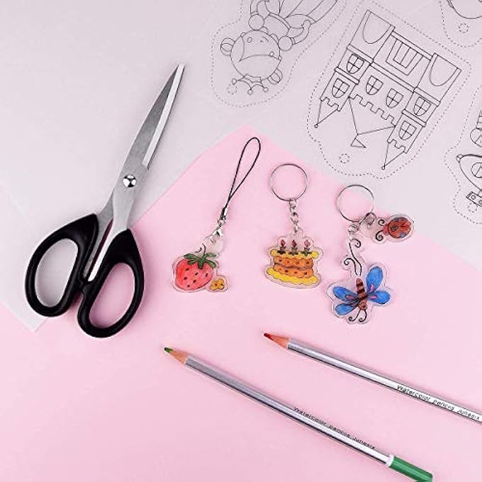 DELFINO 60 PCS HEAT SHRINK PLASTIC SHEET KIT, SHRINK SHEETS CREATIVE PACK,INCLUDING 10PCS BLANK SHRINK FILM PAPER AND 5 PCS SHRINK ART PAPER WITH PATTERN, HOLE PUNCH, KEYCHAINS, PENCILS FOR KIDS - Image 5