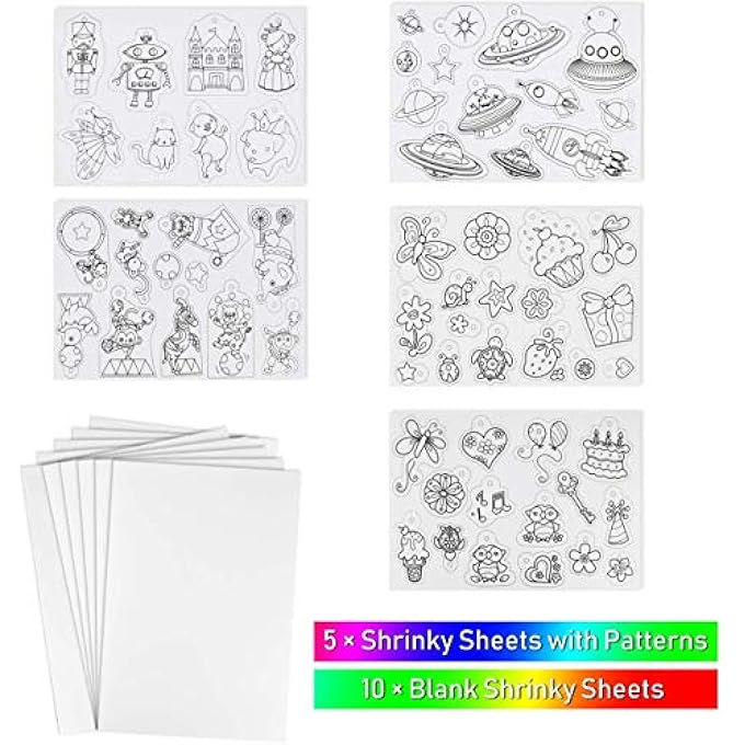 DELFINO 60 PCS HEAT SHRINK PLASTIC SHEET KIT, SHRINK SHEETS CREATIVE PACK,INCLUDING 10PCS BLANK SHRINK FILM PAPER AND 5 PCS SHRINK ART PAPER WITH PATTERN, HOLE PUNCH, KEYCHAINS, PENCILS FOR KIDS - Image 4