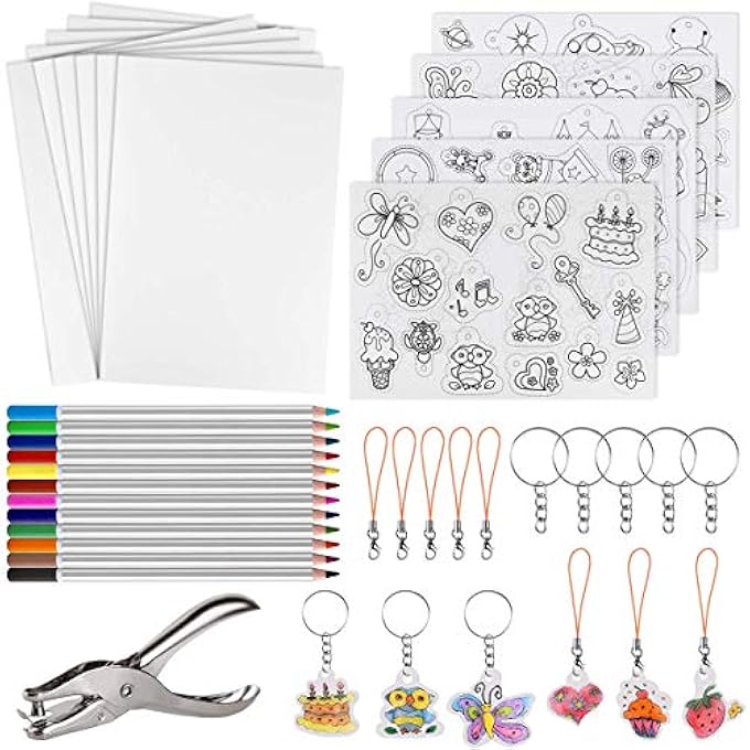DELFINO 60 PCS HEAT SHRINK PLASTIC SHEET KIT, SHRINK SHEETS CREATIVE PACK,INCLUDING 10PCS BLANK SHRINK FILM PAPER AND 5 PCS SHRINK ART PAPER WITH PATTERN, HOLE PUNCH, KEYCHAINS, PENCILS FOR KIDS - Image 1