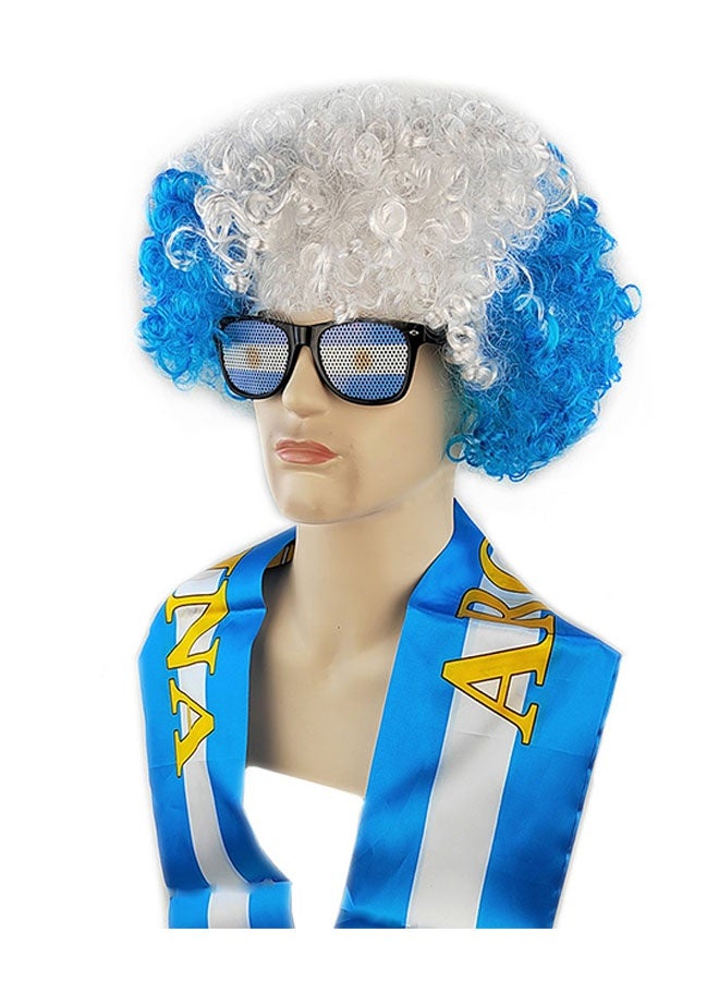 National Flag Colors Argentina Wig Set with Scarf & Glasses - 3-Piece World Cup Soccer Fan Costume, Sports Events Party Supplies