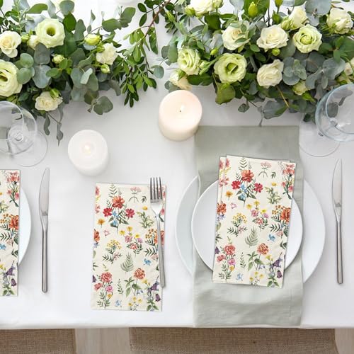 LINHAXM 100 Flower Napkins Watercolor Floral Vintage Wild Flower Disposable Hand Towels Decorative Paper Guest for Bathroom Toilet Powder Room Wedding Birthday Bridal Party Decor - Image 3