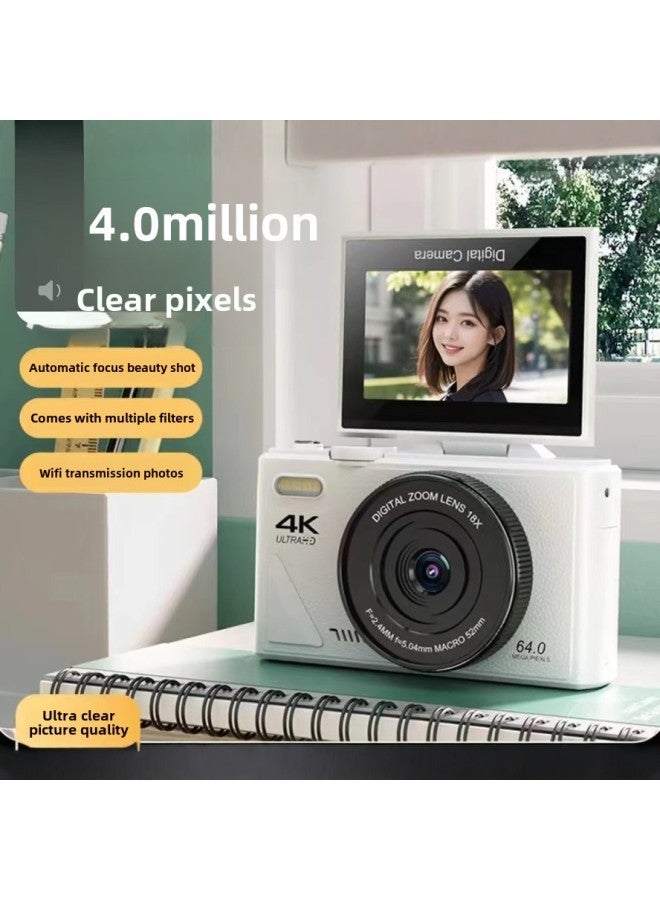 Generic 64.0million Pixel Student Digital Camera Flip Screen Wifi Transmission Mobile Phone Retro Beauty Selfie Ccd-Body Color:Moonlight White + 64.0million Pixels + Selfie Mobile Phone - Package 1  - Image 1