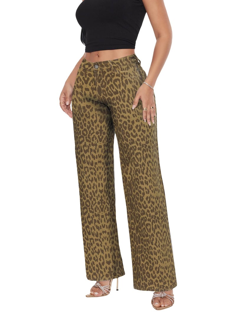 ONESO Mid Low Rise Baggy Jeans Wide Leg for Women Stretchy Bottom Lady Cheetah Print Comfortable Denim - Image 4