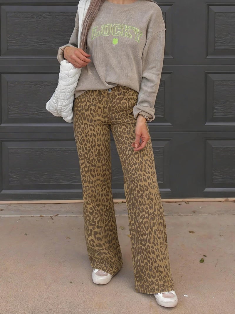 ONESO Mid Low Rise Baggy Jeans Wide Leg for Women Stretchy Bottom Lady Cheetah Print Comfortable Denim - Image 3