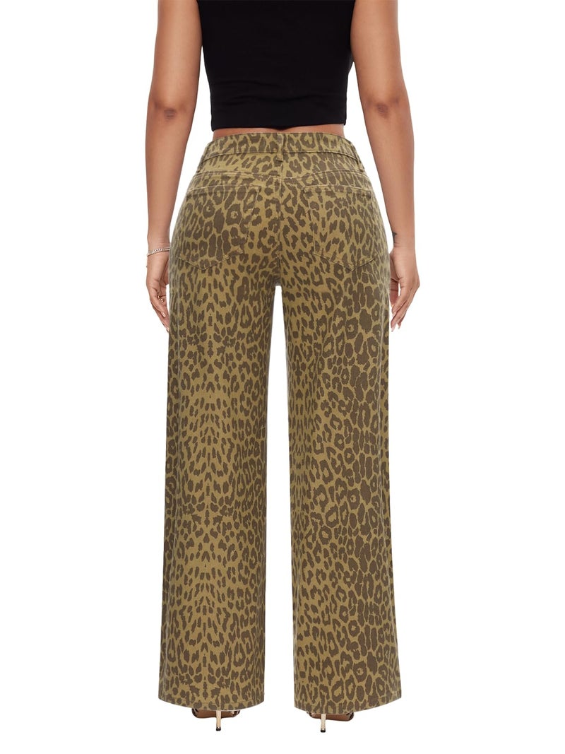 ONESO Mid Low Rise Baggy Jeans Wide Leg for Women Stretchy Bottom Lady Cheetah Print Comfortable Denim - Image 2