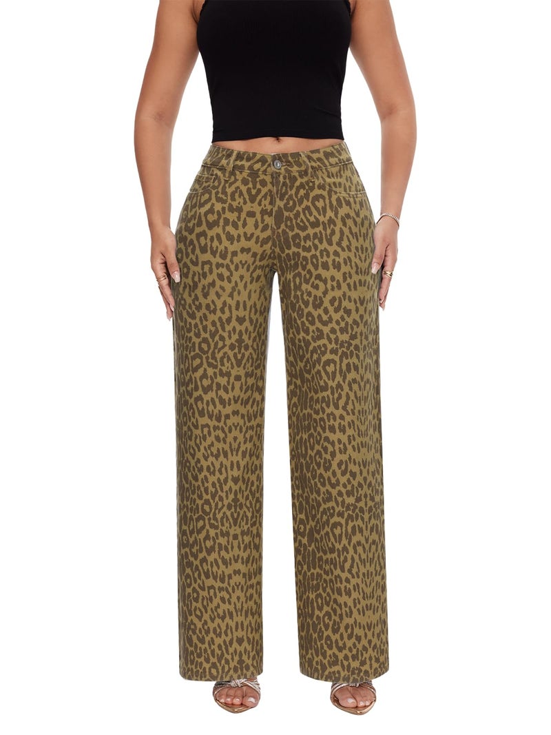ONESO Mid Low Rise Baggy Jeans Wide Leg for Women Stretchy Bottom Lady Cheetah Print Comfortable Denim - Image 1