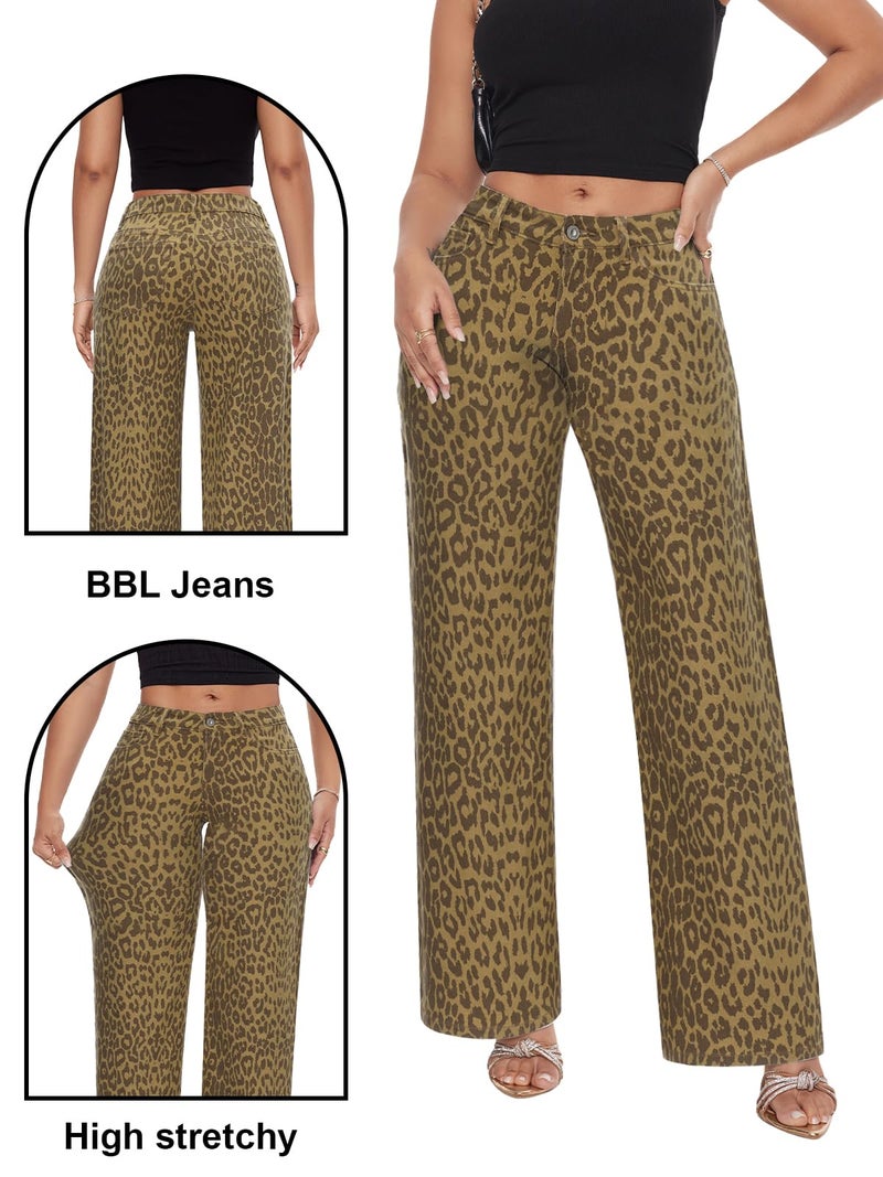 ONESO Mid Low Rise Baggy Jeans Wide Leg for Women Stretchy Bottom Lady Cheetah Print Comfortable Denim - Image 5