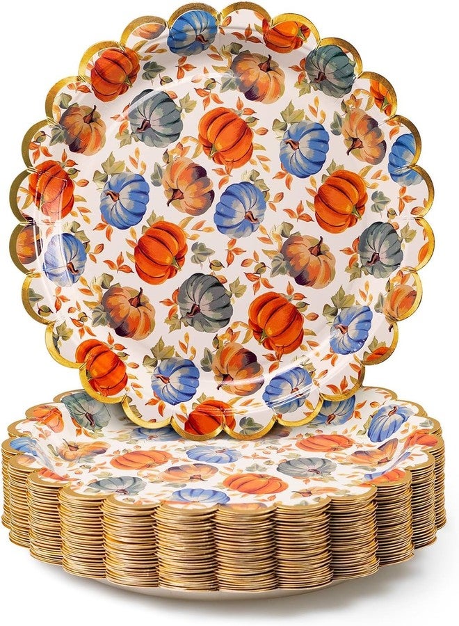 Confettiville Thanksgiving Paper Plates, 50-Count Fall-Themed Decorative Disposable Serving Plates, Pale Apricot, Gold Foil Scalloped Edge, 9 Inches - Image 1