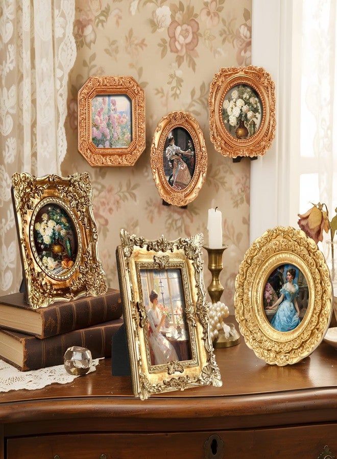 Kathfly 6 Pcs Mini Vintage Picture Frame Gold Tiny Picture Frames Bulk Ornate Antique Photo Frame Resin Oval Baroque Ornaments with Floral Relief Panel and Rack Stands for Home Wall Wedding Decor - Image 2
