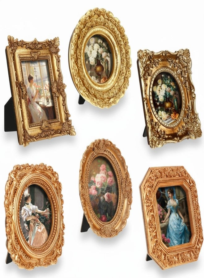 Kathfly 6 Pcs Mini Vintage Picture Frame Gold Tiny Picture Frames Bulk Ornate Antique Photo Frame Resin Oval Baroque Ornaments with Floral Relief Panel and Rack Stands for Home Wall Wedding Decor - Image 1