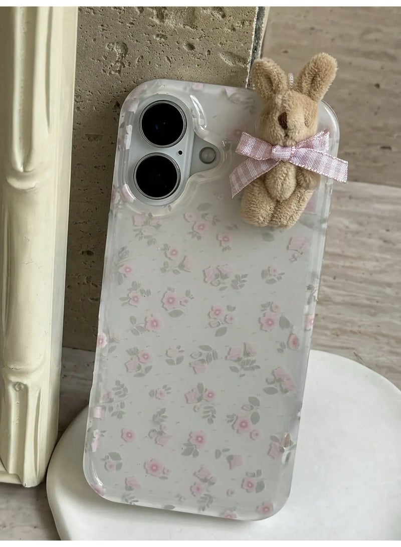 شي إن غطاء هاتف ناعم وكامل التغطية كلاسيكي باللون الأبيض بزهرة فتاة جذابة ومراهقة ، مع خطوط وفيونكة وارنب بني ثلاثي الأبعاد، متوافق مع هاتف آيفون ١٤  بروماكس - Image 2
