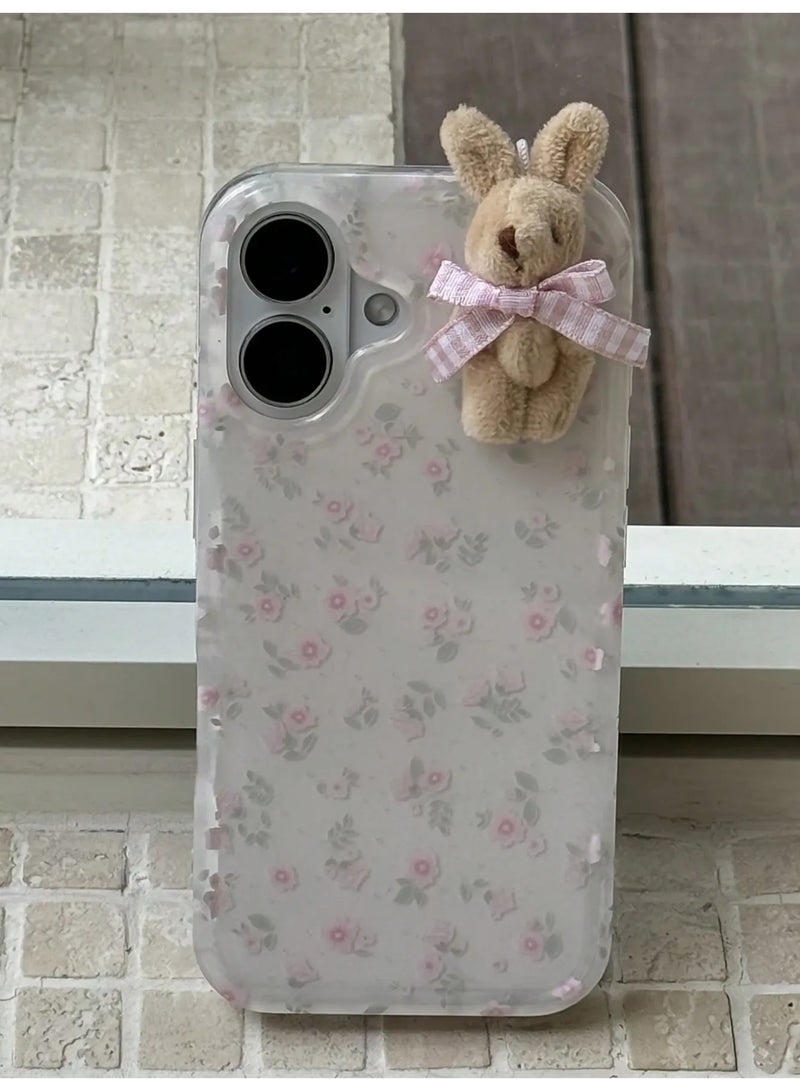 شي إن غطاء هاتف ناعم وكامل التغطية كلاسيكي باللون الأبيض بزهرة فتاة جذابة ومراهقة ، مع خطوط وفيونكة وارنب بني ثلاثي الأبعاد، متوافق مع هاتف آيفون ١٤  بروماكس - Image 1