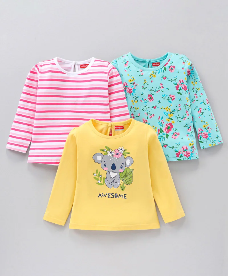 babyhug Babyhug Full Sleeves Cotton Tees With Floral Print Pack of 3 -Multicolour