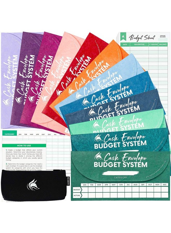 Clever Fox Cash Envelopes for Budget System - Money Envelopes for Budgeting and Saving, 12 Pack of Assorted Colors, Tear and Water Resistant, Includes Carry Pouch & 12 Expense Tracking Budget Sheets - Image 1