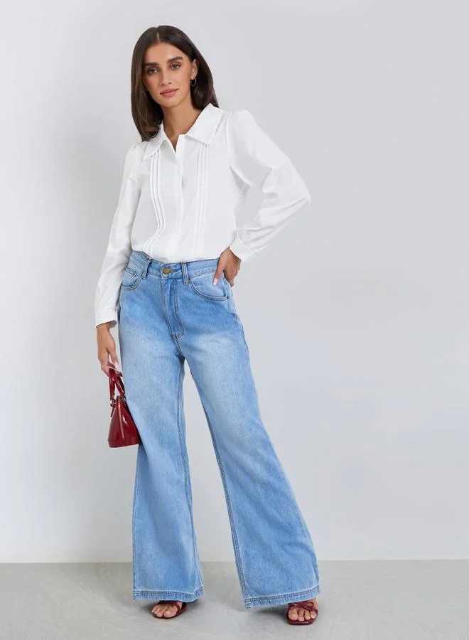 Styli Plain Shirt with Pleated Detailing on the Front Panel
