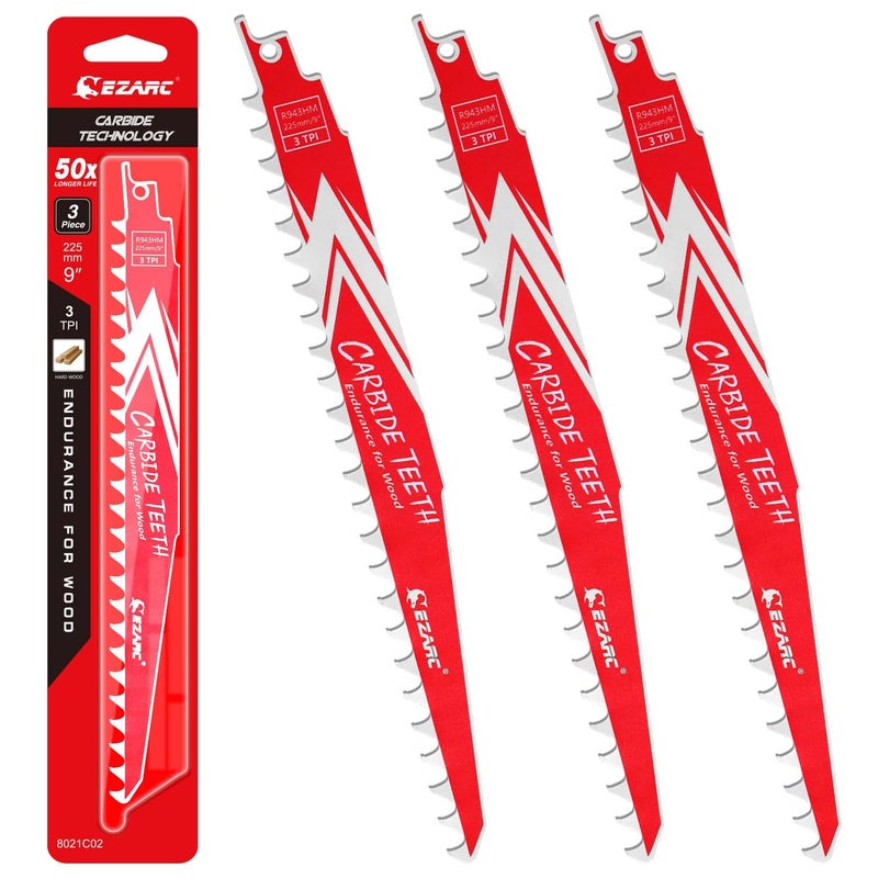 EZARC Carbide Reciprocating Saw Blade R943HM Endurance for Hard Wood 9-Inch 3TPI, 3-Pack - Image 1