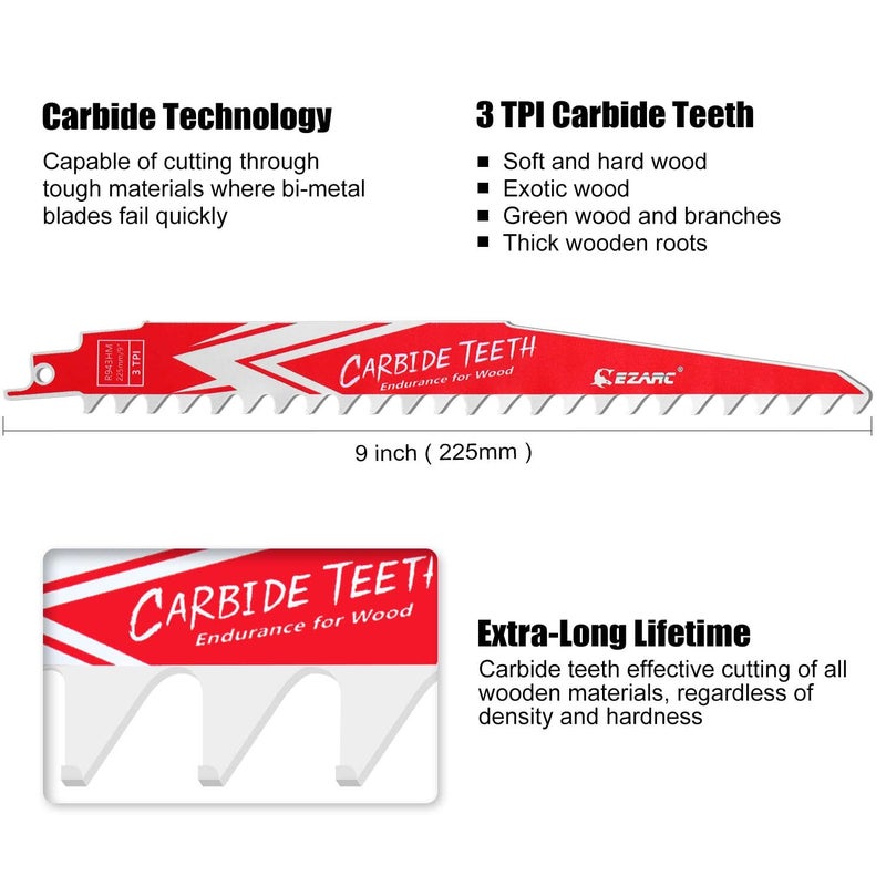 EZARC Carbide Reciprocating Saw Blade R943HM Endurance for Hard Wood 9-Inch 3TPI, 3-Pack - Image 2