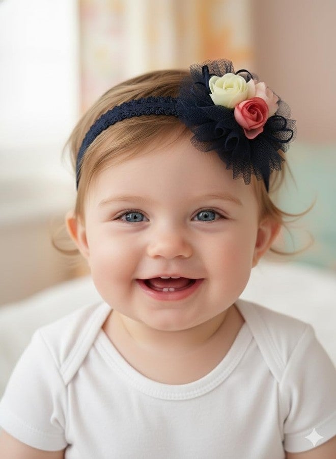 Fairytale Girl Headband with Tulle Flower and Pink Floral Accents, Elastic Band, Infant Hair Accessory (Beige) - Image 4
