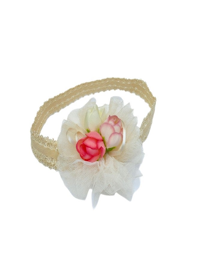 Fairytale Girl Headband with Tulle Flower and Pink Floral Accents, Elastic Band, Infant Hair Accessory (Beige) - Image 1