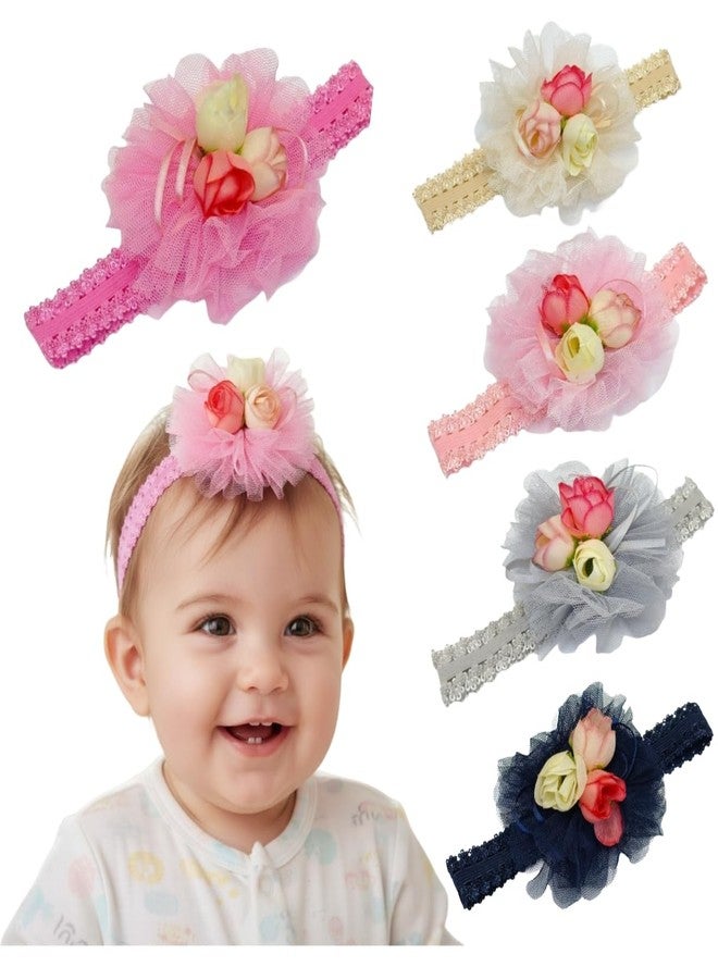 Fairytale Girl Headband with Tulle Flower and Pink Floral Accents, Elastic Band, Infant Hair Accessory (Beige) - Image 5