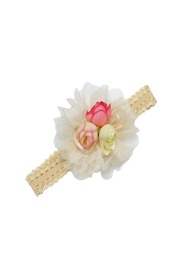 Fairytale Girl Headband with Tulle Flower and Pink Floral Accents, Elastic Band, Infant Hair Accessory (Beige) - Image 2