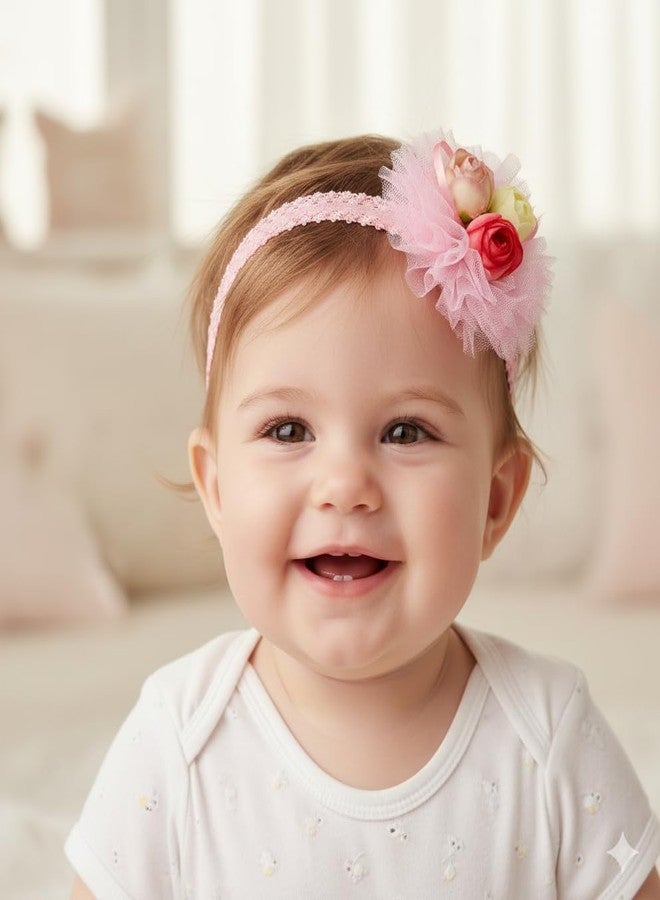Fairytale Girl Headband with Tulle Flower and Pink Floral Accents, Elastic Band, Infant Hair Accessory (Beige) - Image 3