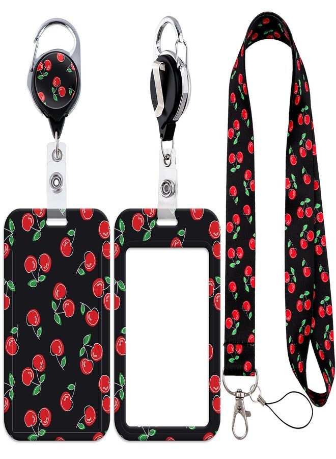 DMLSKY Cherry Lanyard with Badge Clip Holder, Soft Fabric Lanyards for ID Badges and Retractable Badge Reel Holder with Carabiner Hook, Vertical Name Badge for Nurse Teacher - Image 1