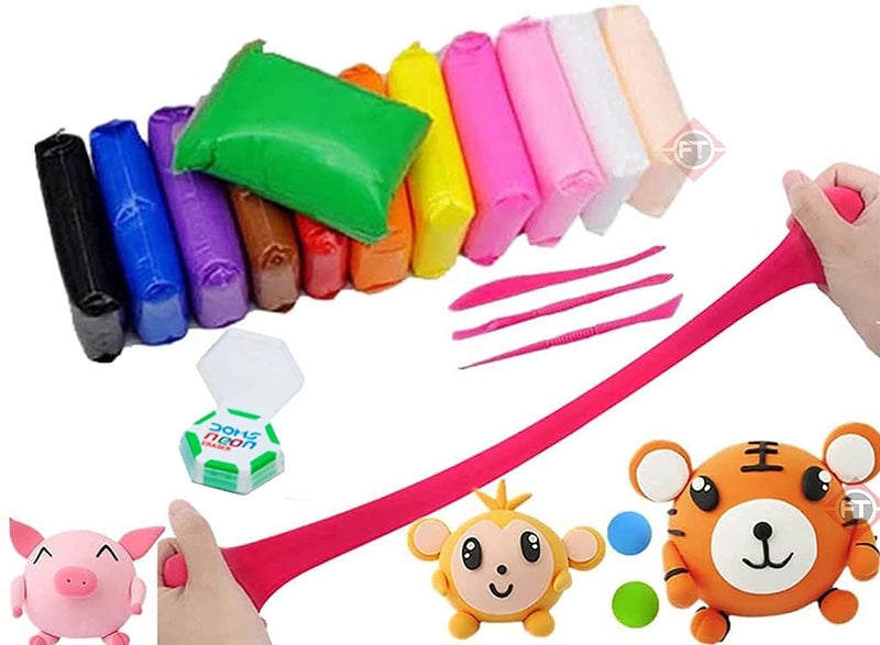 Firstly Firstly Traders 24 pc Air Dry Clay Set for Jewellery Earring Making Beginners Kit Clay Rings2 Sets of 12 Basic Colors Modelling Tools with Clay Free Neon Eraser Stickers 