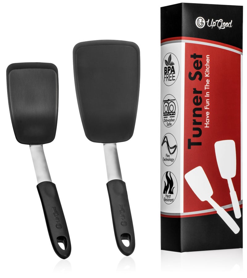 UpGood Silicone Turner Set 600F Heat Resistant  Large  Small Kitchen Spatulas with Tapered Edges  Flexible Stainless Steel  Cooking Utensil for Flipping Egg Pancakes in Nonstick Cookware 2 Pcs