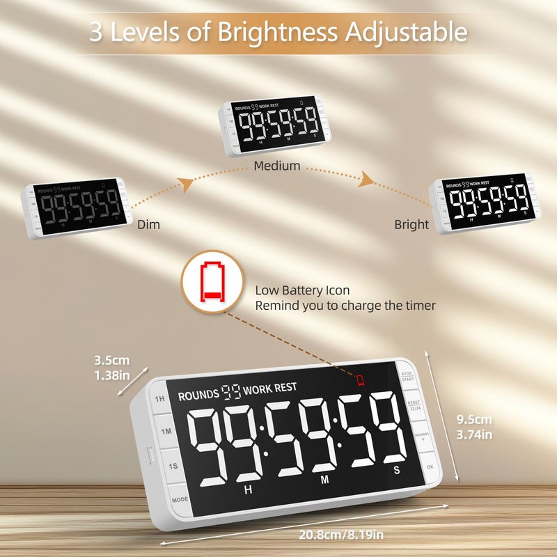 MeesMeek 7.8'' Extra Large Rechargeable LED Kitchen Timer - 99H Countdown/Countup, 3 Brightness, 5 Alarms, 4 Volume Levels | Magnetic Large Timer for Cooking, Classroom, Home Gym - Image 5