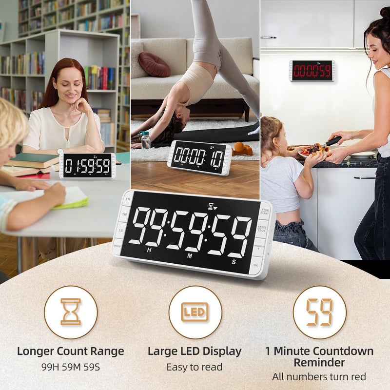 MeesMeek 7.8'' Extra Large Rechargeable LED Kitchen Timer - 99H Countdown/Countup, 3 Brightness, 5 Alarms, 4 Volume Levels | Magnetic Large Timer for Cooking, Classroom, Home Gym - Image 3