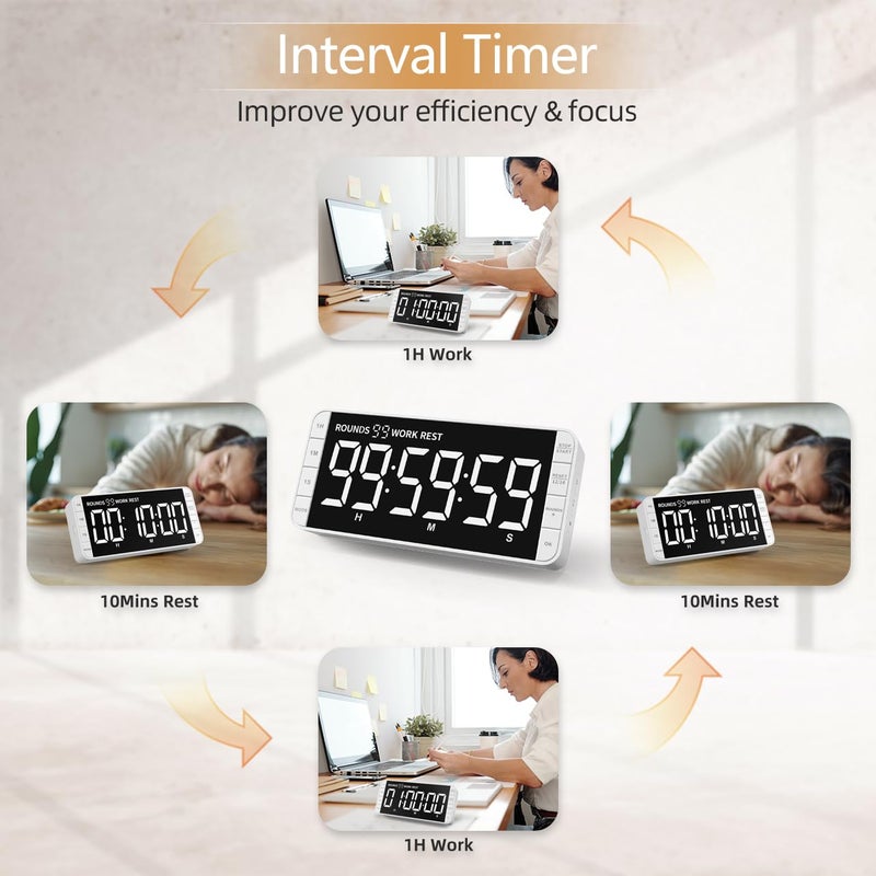MeesMeek 7.8'' Extra Large Rechargeable LED Kitchen Timer - 99H Countdown/Countup, 3 Brightness, 5 Alarms, 4 Volume Levels | Magnetic Large Timer for Cooking, Classroom, Home Gym - Image 2