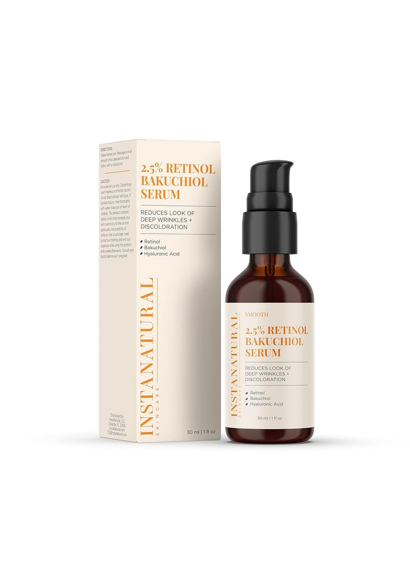 Instanatural InstaNatural Retinol Serum for Face, 2.5% Retinol Bakuchiol, Minimizes Lines, Wrinkles, Discoloration and Signs of Aging, with Hyaluronic Acid and Squalane, 1 Fl Oz 