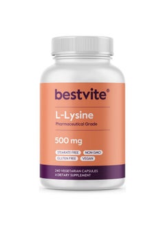 BESTVITE BESTVITE L-Lysine 500mg per Capsule (240 Vegetarian Capsules) - No Stearates - No Fillers - No Flow Agents - Vegan - Non GMO - Gluten Free - No Stearic Acid - No Dicalcium Phosphate  - Image 1