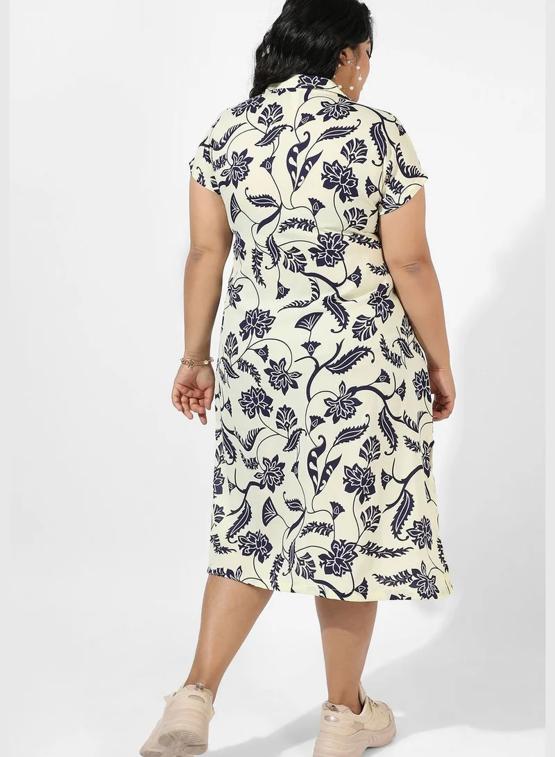 Instafab Plus Printed Spread Collar Short Sleeve Dress