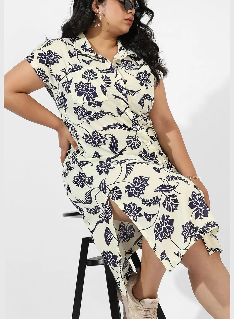 Instafab Plus Printed Spread Collar Short Sleeve Dress