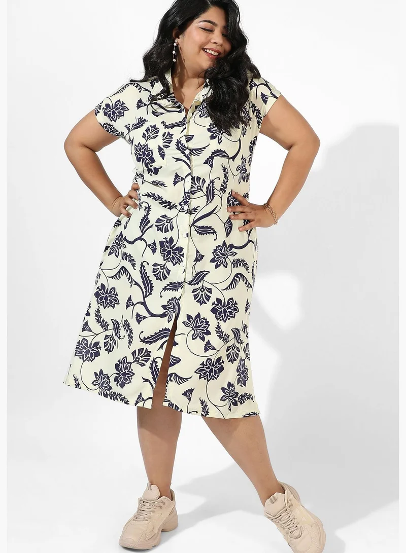 Instafab Plus Printed Spread Collar Short Sleeve Dress