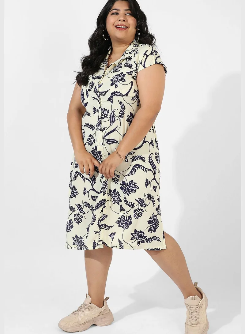 Instafab Plus Printed Spread Collar Short Sleeve Dress