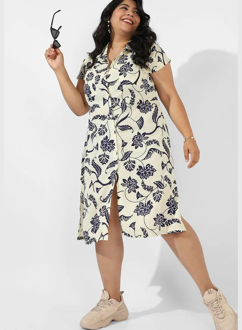 Instafab Plus Printed Spread Collar Short Sleeve Dress