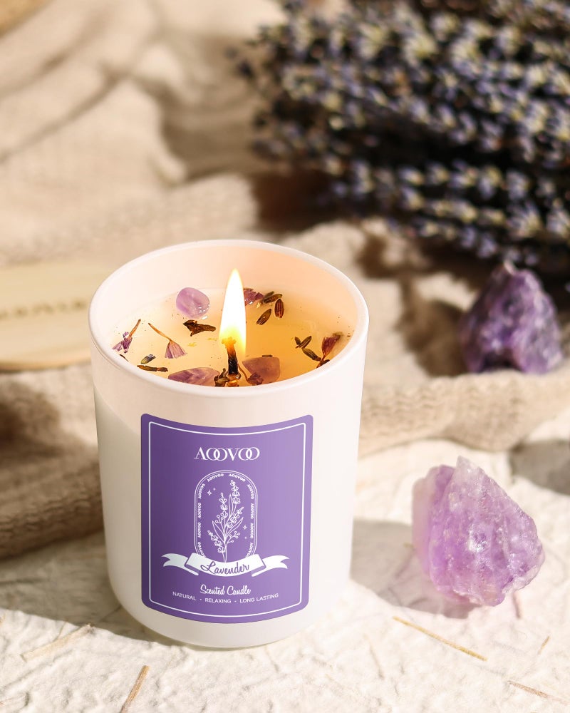 AOOVOO Lavender Candles Set for Women - 4 Pack Candles for Home Scented, Aromatherapy Candle with Crystals Inside, 28 oz 200 Hour Long Lasting, Birthday Gifts Mothers Day Candle for Women Mom - Image 5